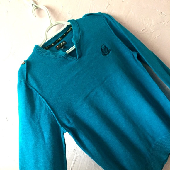 Guess Vintage Military Style V Neck Blue Sweater - Picture 4 of 8